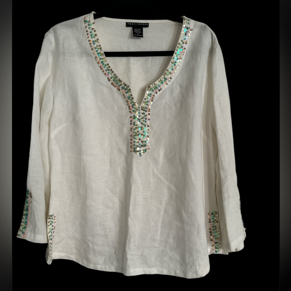 Coastal Ivory Linen Tunic with Emerald Accents Anne Carson, size Large
